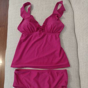 DKNY Swim Plunge Ruffle Tankini Pink, M